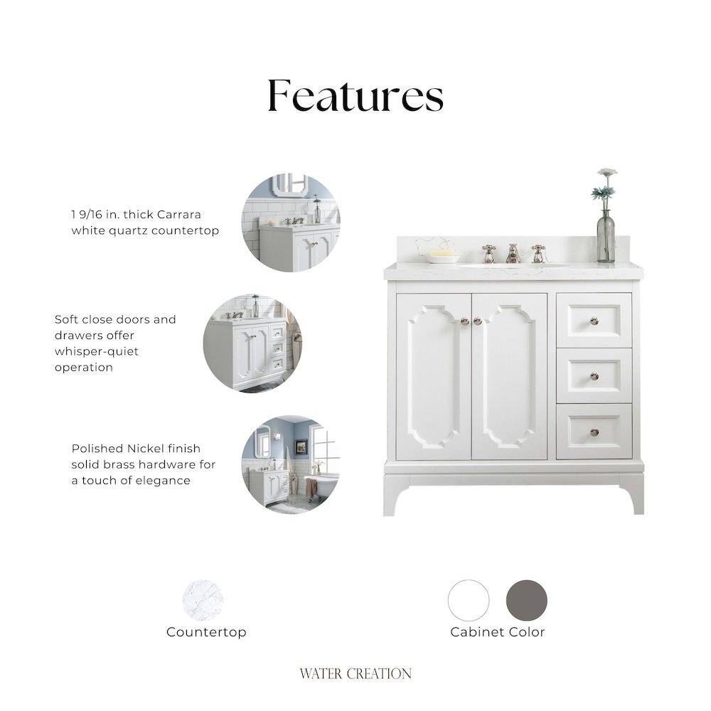 Queen 36 In. Single Sink Sink Carrara Quartz Countertop Bath Vanity. Picture 6