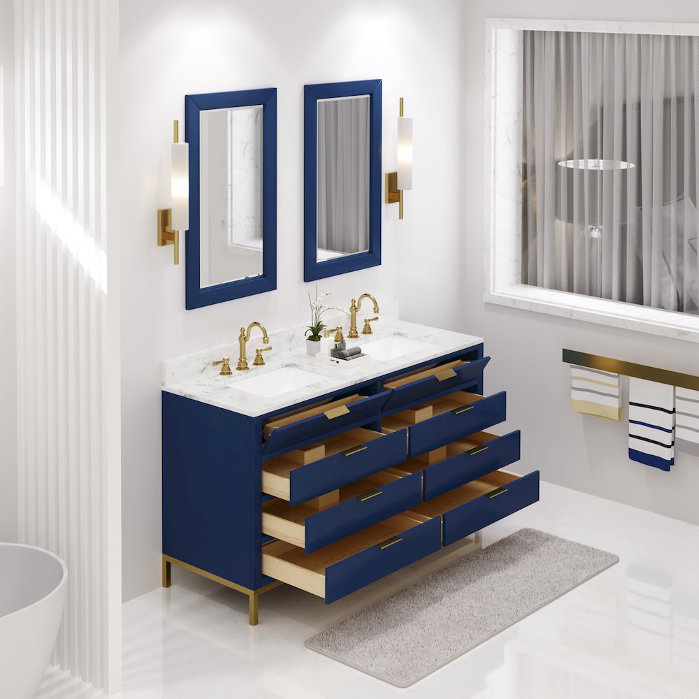 60 In. Double Sink Carrara White Marble Countertop Bath Vanity in Monarch Blue. Picture 4