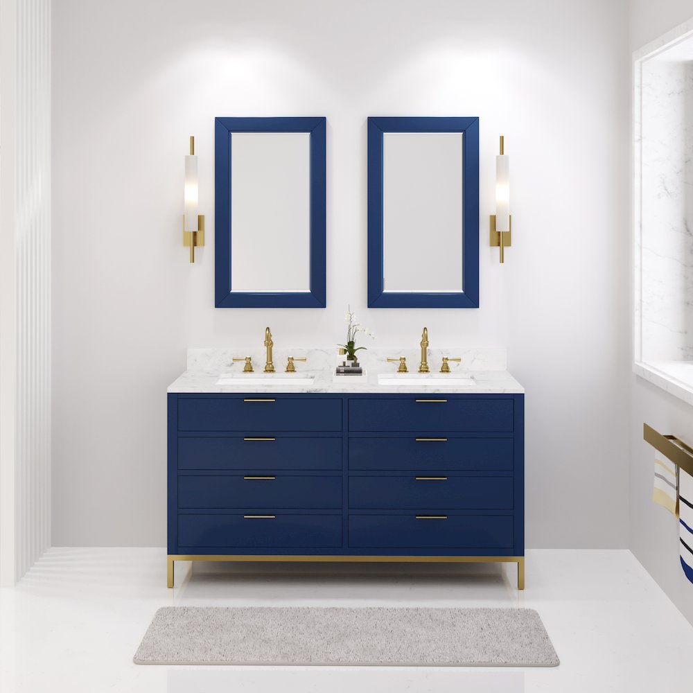 60 In. Double Sink Carrara White Marble Countertop Bath Vanity in Monarch Blue. Picture 2