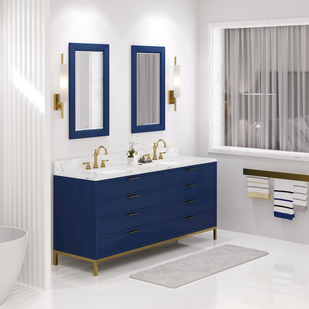 72 In. Double Sink Carrara White Marble Countertop Bath Vanity in Monarch Blue. Picture 3