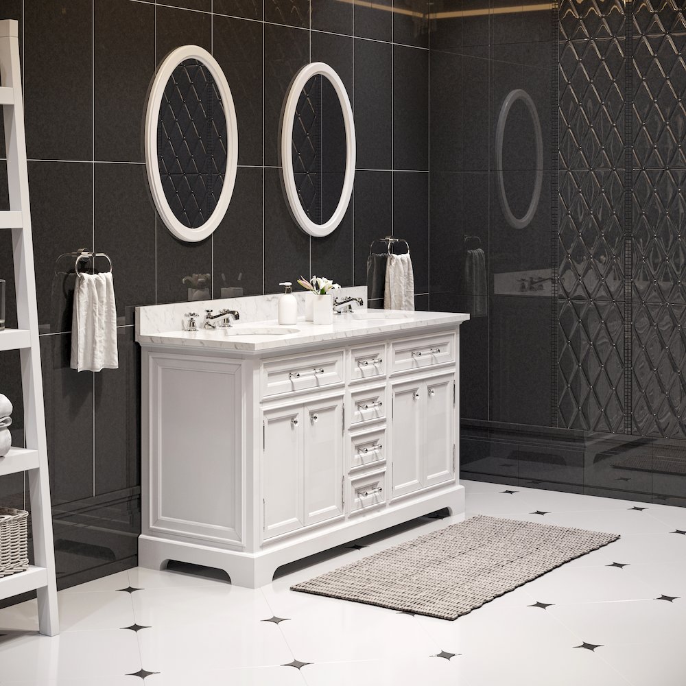 60 In. Double Sink Carrara White Marble Countertop Bath Vanity In Pure White. Picture 4