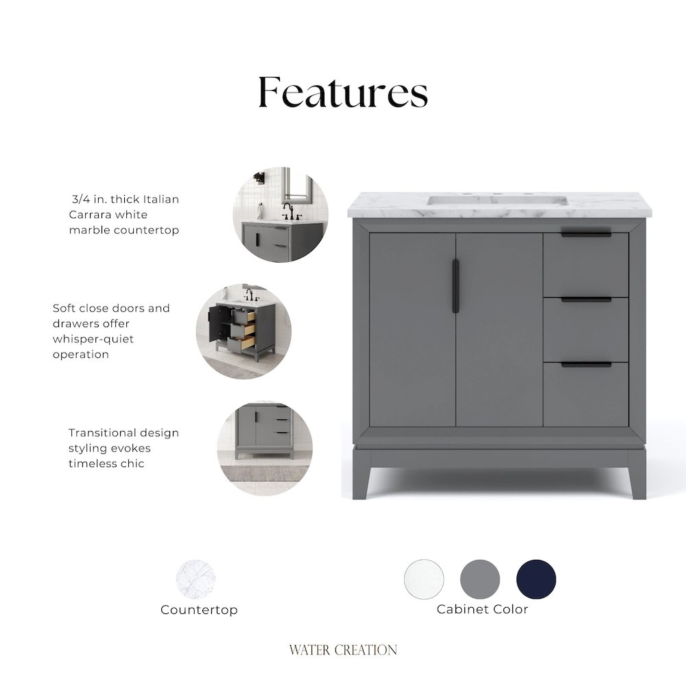 36 In. Single Sink Carrara White Marble Countertop Bath Vanity In Cashmere Grey. Picture 7