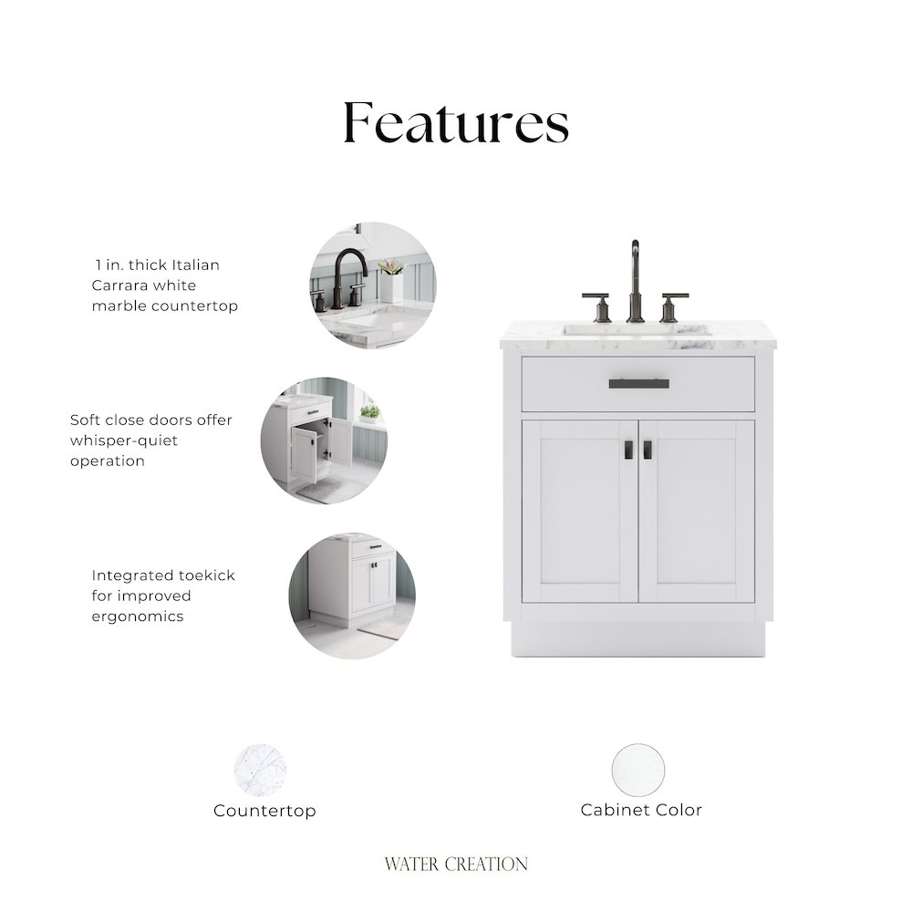 Hartford 30 In. Single Sink Carrara White Marble Countertop Bath Vanity. Picture 7