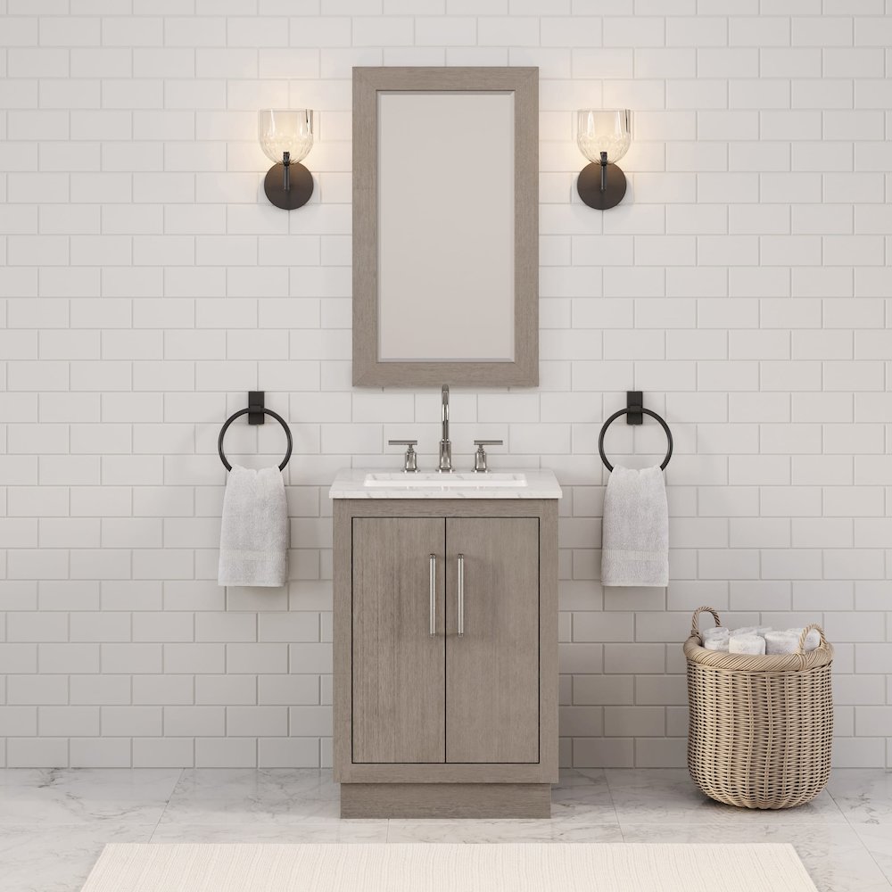 Hugo 24 In. Single Sink Carrara White Marble Countertop Bath Vanity in Grey Oak. Picture 2