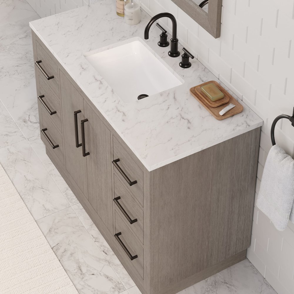 Hugo 48 In. Single Sink Carrara White Marble Countertop Vanity in Grey Oak. Picture 10