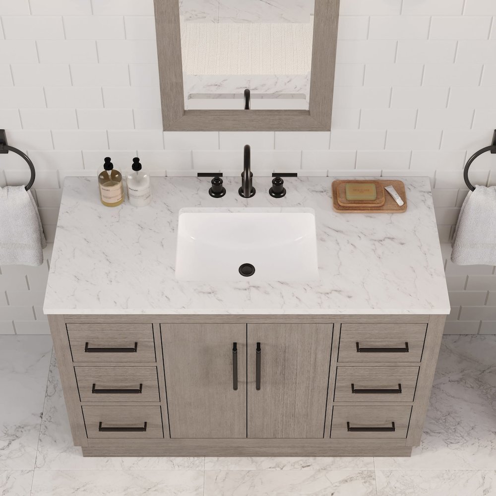 Hugo 48 In. Single Sink Carrara White Marble Countertop Vanity in Grey Oak. Picture 11