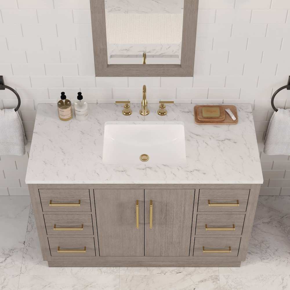 Hugo 48 In. Single Sink Carrara White Marble Countertop Bath Vanity in Grey Oak. Picture 11