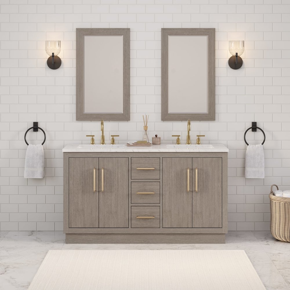 Hugo 60 In. Double Sink Carrara White Marble Countertop Bath Vanity in Grey Oak. Picture 2