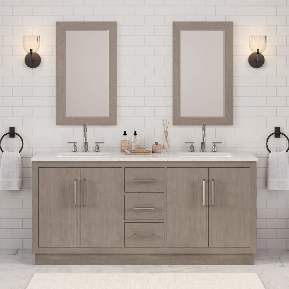 Hugo 72 In. Double Sink Carrara White Marble Countertop Bath Vanity in Grey Oak. Picture 2