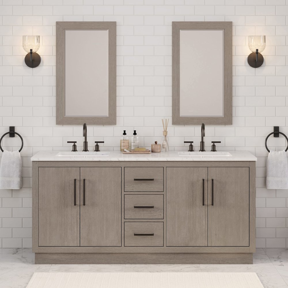 Hugo 72 In. Single Sink Carrara White Marble Countertop Vanity in Grey Oak. Picture 2