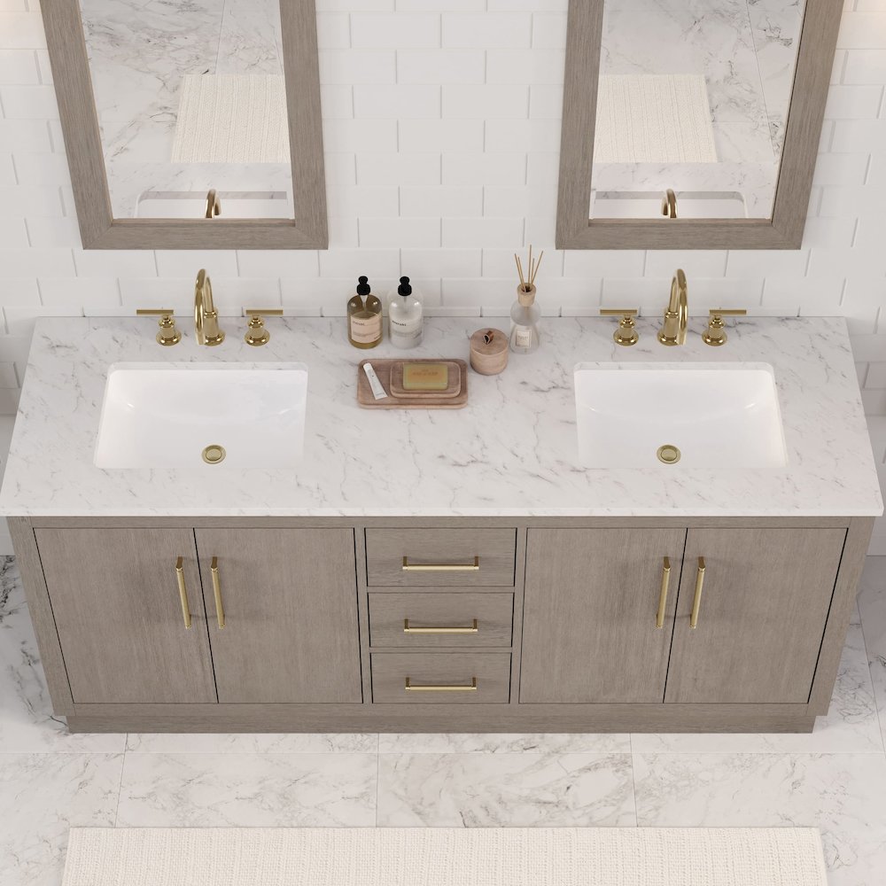 Hugo 72 In. Double Sink Carrara White Marble Countertop Bath Vanity in Grey Oak. Picture 14