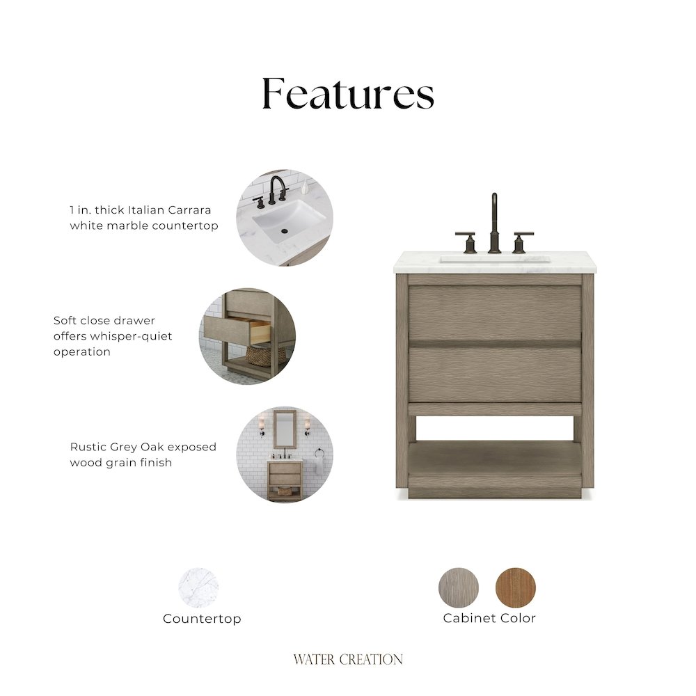 Oakman 30 In. Single Sink Carrara White Marble Countertop Bath Vanity. Picture 8