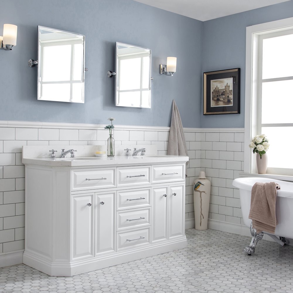 Palace 60 In. Double Sink Carrara Quartz Countertop Bath Vanity in Pure White. Picture 3