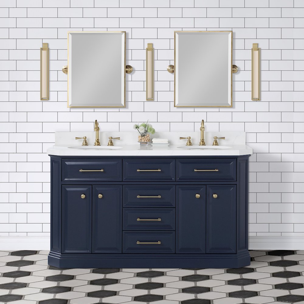 Palace 60 In. Double Sink Carrara Quartz Countertop Bath Vanity in Monarch Blue. Picture 2