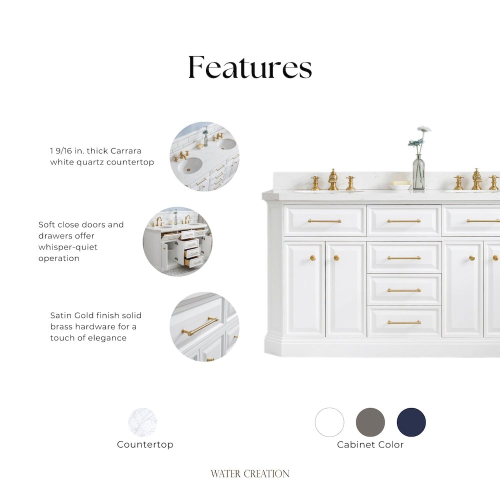 Palace 60 In. Double Sink Carrara Quartz Countertop Bath Vanity in Pure White. Picture 11