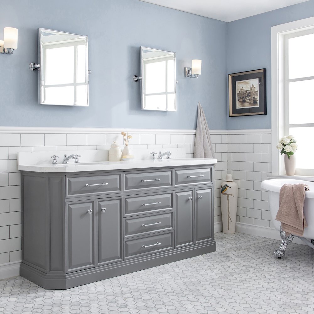 Palace 72 In. Double Sink Carrara Quartz Countertop Bath Vanity in Cashmere Grey. Picture 3