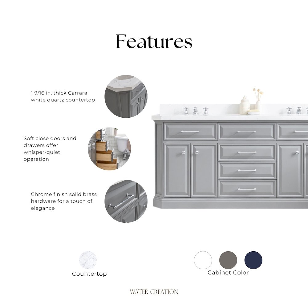 Palace 72 In. Double Sink Carrara Quartz Countertop Bath Vanity in Cashmere Grey. Picture 13