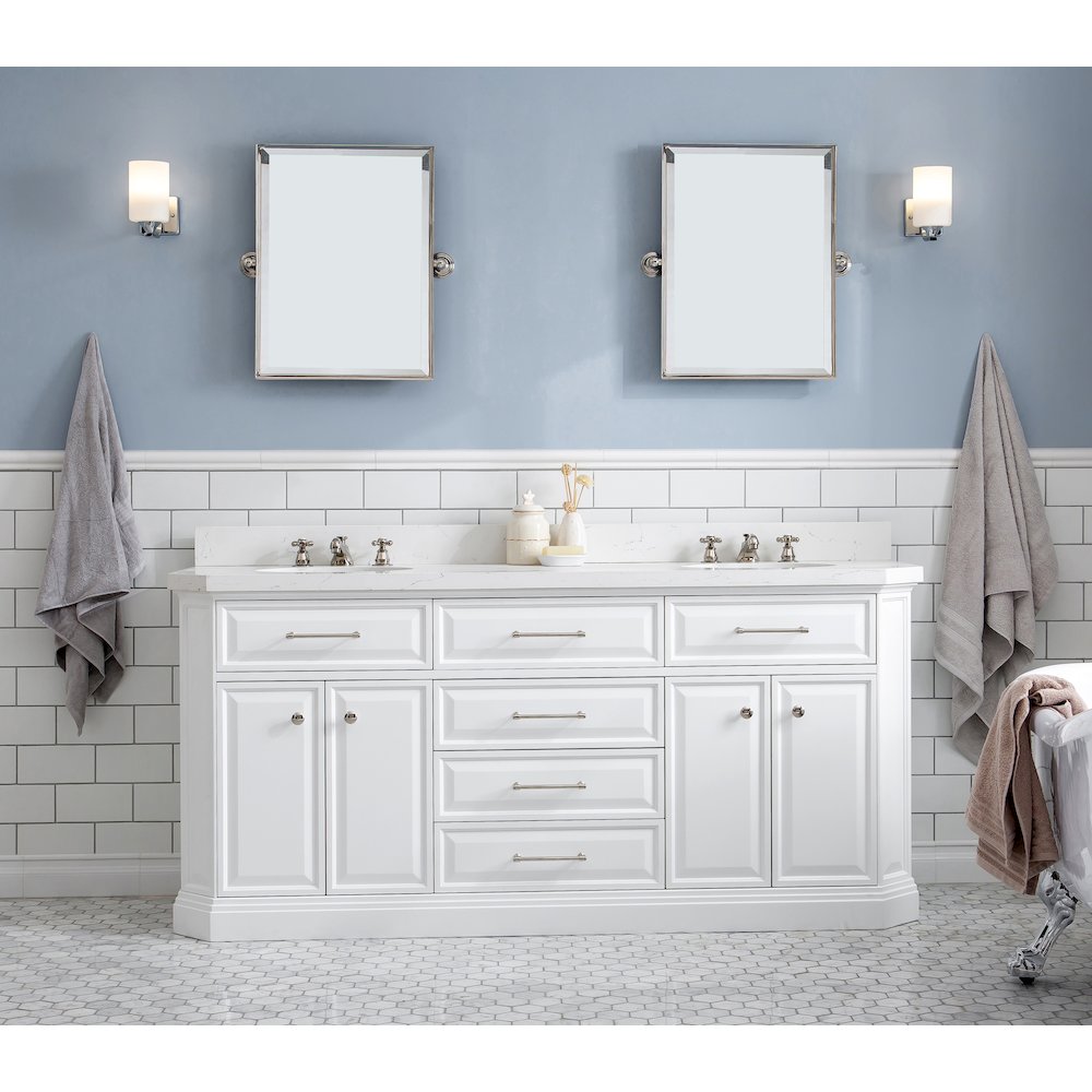 Palace 72 In. Double Sink Carrara Quartz Countertop Bath Vanity in Pure White. Picture 2
