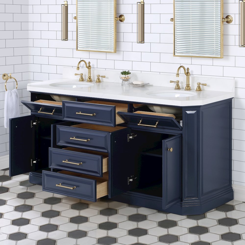 Palace 72 In. Double Sink Carrara Quartz Countertop Bath Vanity in Monarch Blue. Picture 4