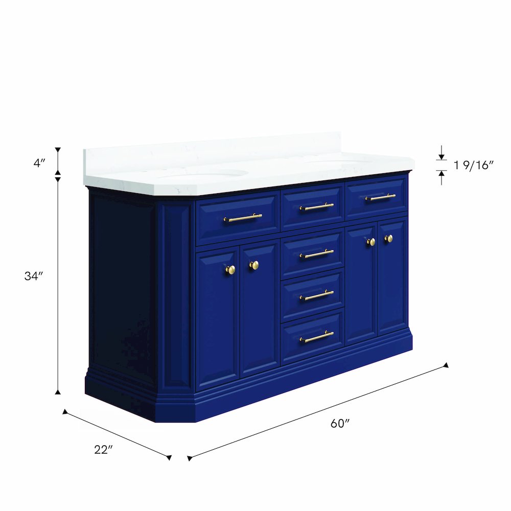 Palace 60 In. Double Sink Carrara Quartz Countertop Bath Vanity in Monarch Blue. Picture 12