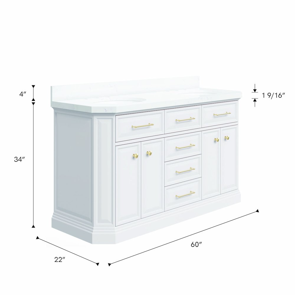 Palace 60 In. Double Sink Carrara Quartz Countertop Bath Vanity in Pure White. Picture 10