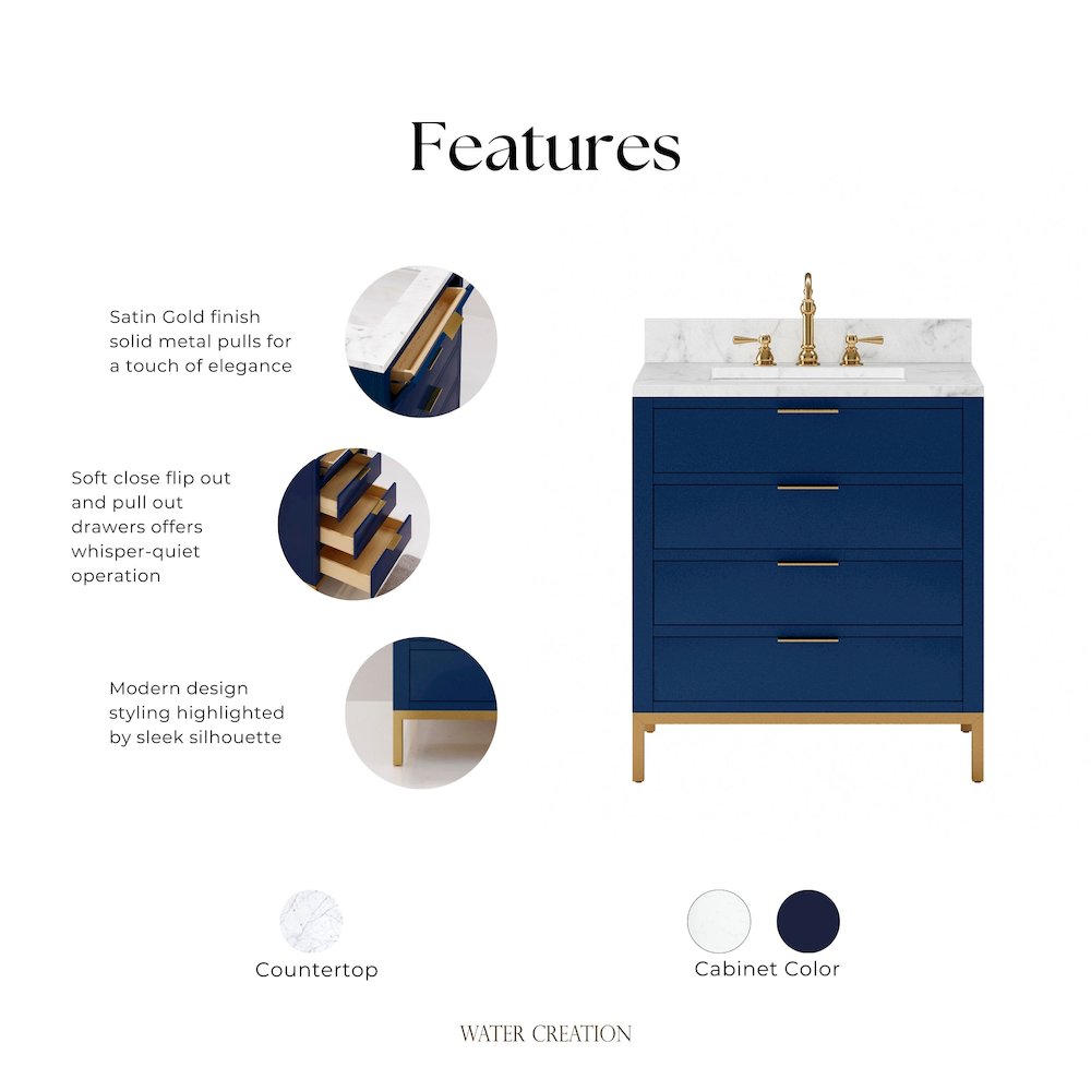 30 In. Single Sink Carrara White Marble Countertop Bath Vanity in Monarch Blue. Picture 9