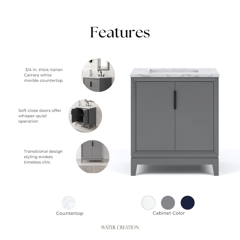 30 In. Single Sink Carrara White Marble Countertop Bath Vanity In Cashmere Grey. Picture 6