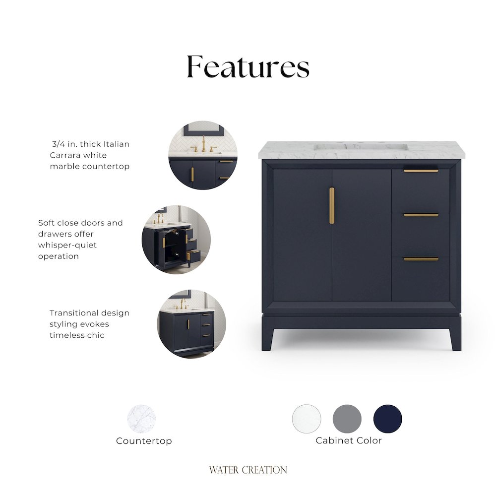 36 In. Single Sink Carrara White Marble Countertop Bath Vanity In Monarch Blue. Picture 7