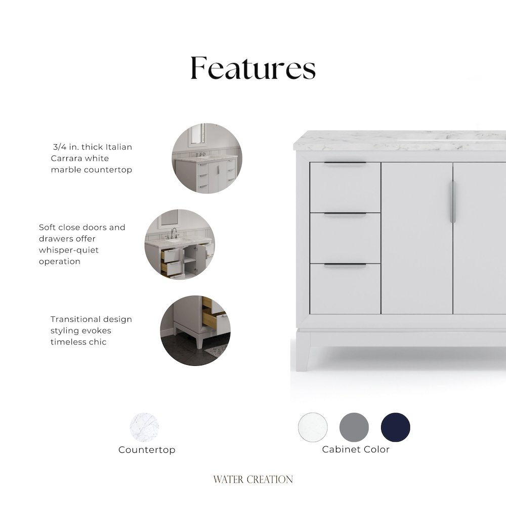 48 In. Single Sink Carrara White Marble Countertop Bath Vanity In Pure White. Picture 7