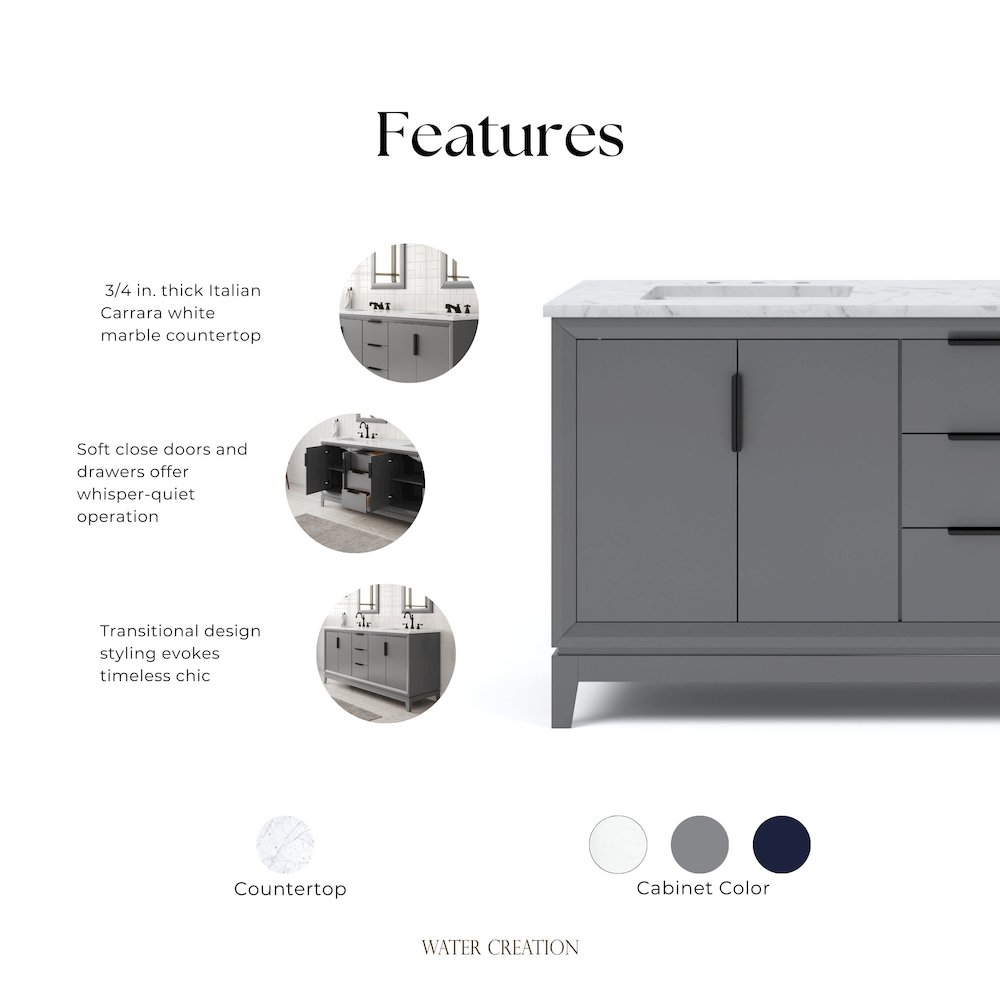 72 In. Double Sink Carrara White Marble Countertop Bath Vanity In Cashmere Grey. Picture 9