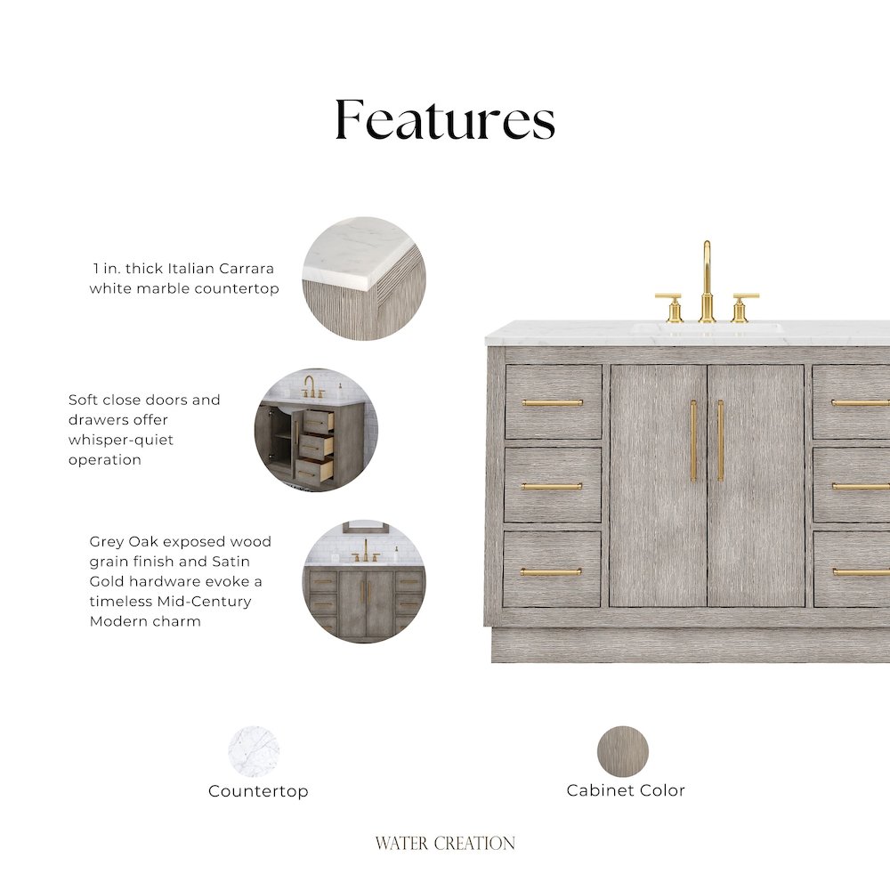 Hugo 48 In. Single Sink Carrara White Marble Countertop Bath Vanity in Grey Oak. Picture 12
