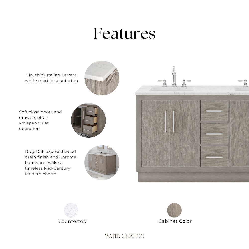 Hugo 60 In. Double Sink Carrara White Marble Countertop Bath Vanity in Grey Oak. Picture 15