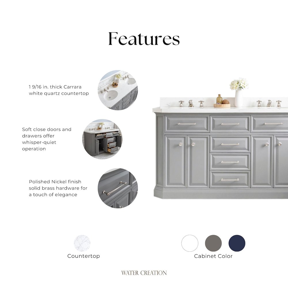 Palace 60 In. Double Sink Carrara Quartz Countertop Bath Vanity in Cashmere Grey. Picture 11