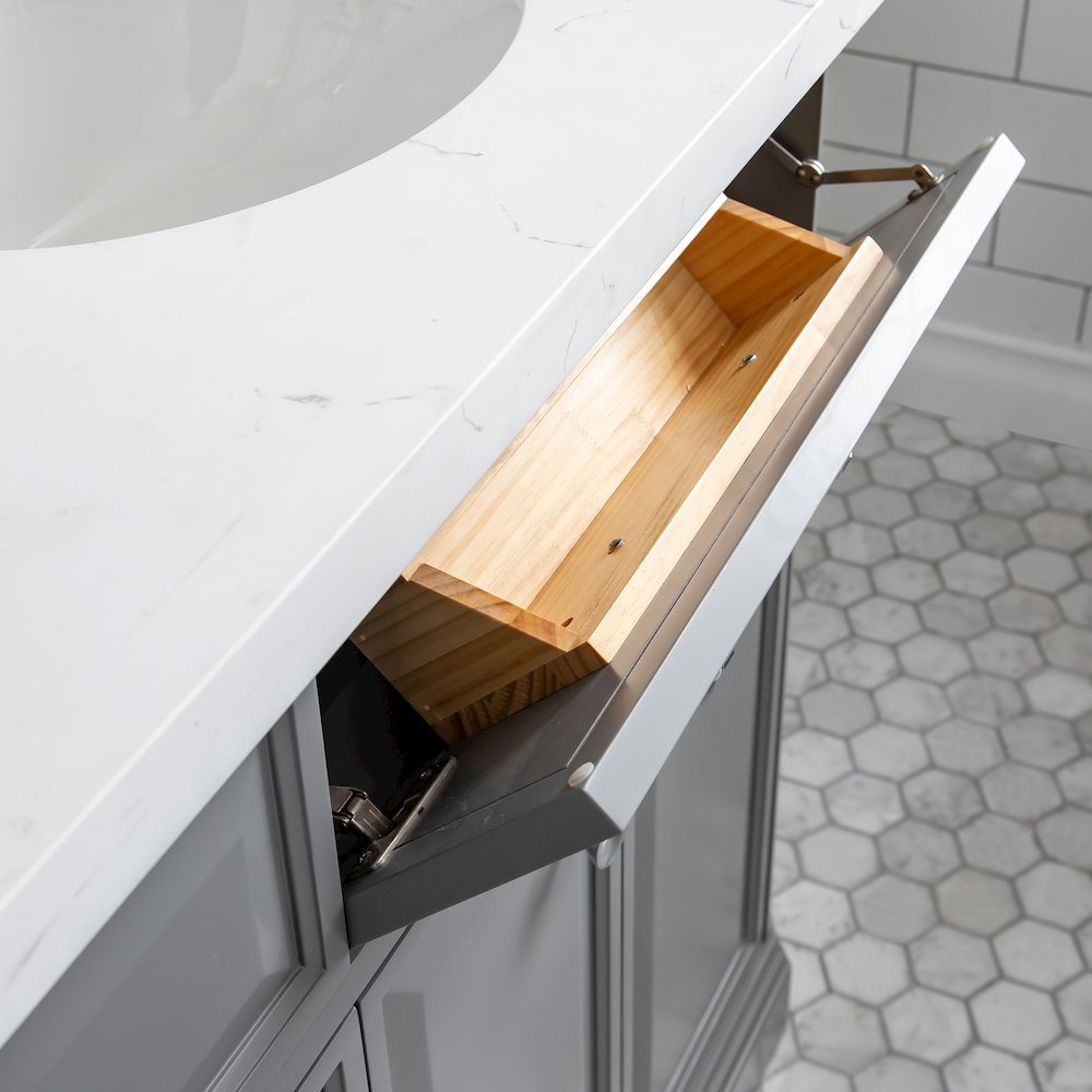 Palace 72 In. Double Sink Carrara Quartz Countertop Bath Vanity in Cashmere Grey. Picture 6