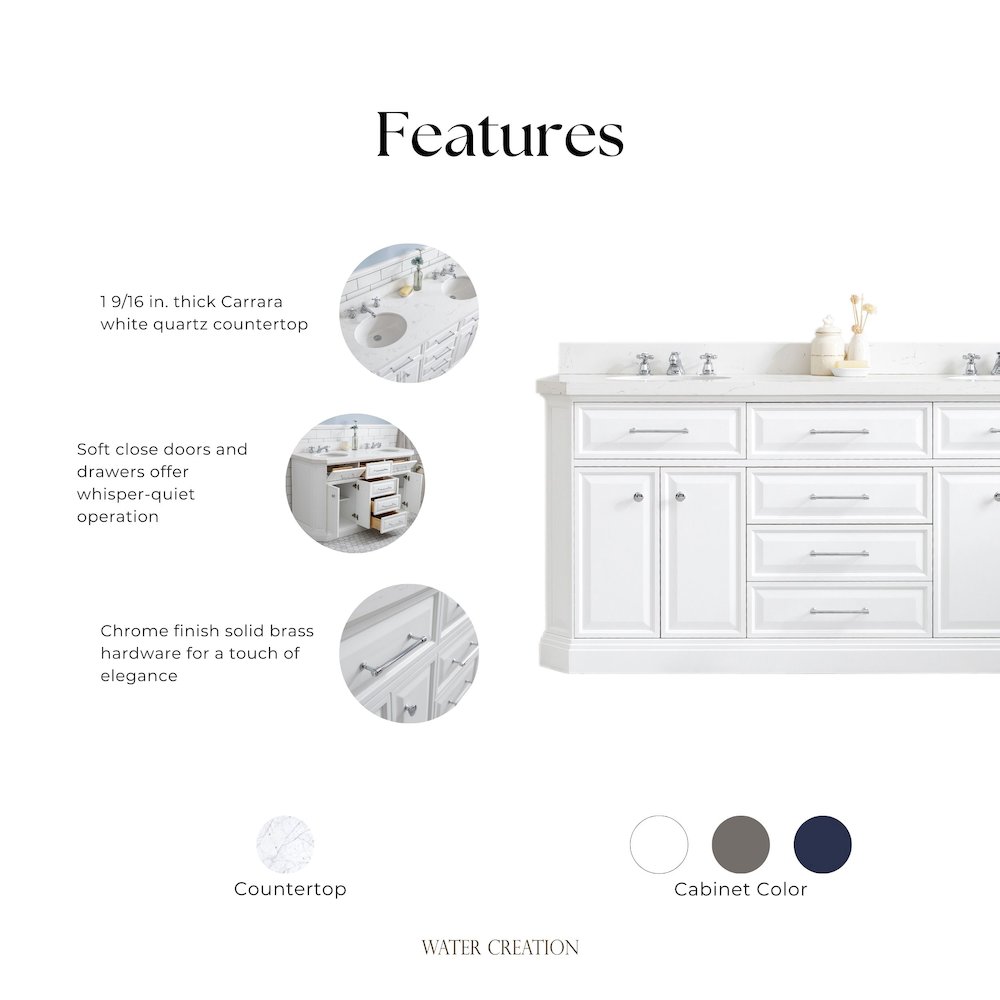 Palace 72 In. Double Sink Carrara Quartz Countertop Bath Vanity in Pure White. Picture 11