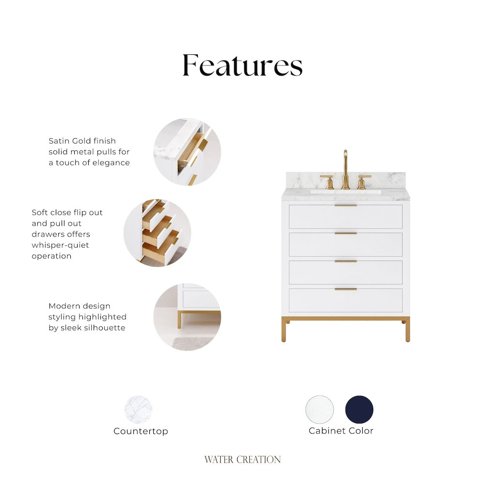 30 In. Single Sink Carrara White Marble Countertop Bath Vanity in Pure White. Picture 9