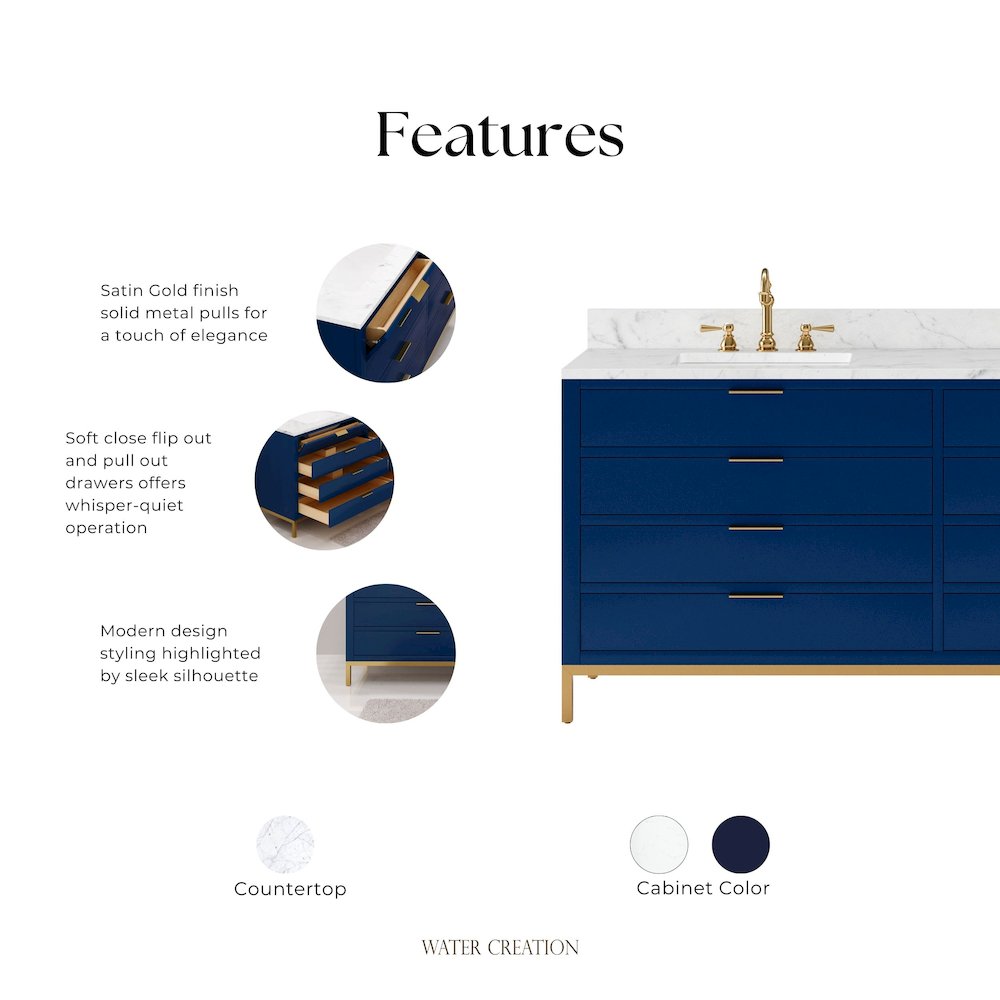 72 In. Double Sink Carrara White Marble Countertop Bath Vanity in Monarch Blue. Picture 9