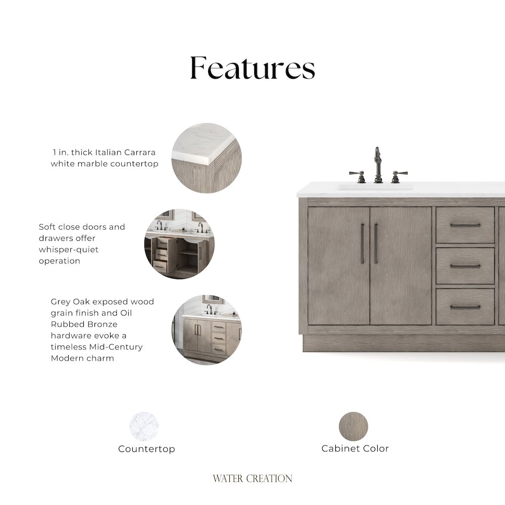 Hugo 72 In. Single Sink Carrara White Marble Countertop Vanity in Grey Oak. Picture 13
