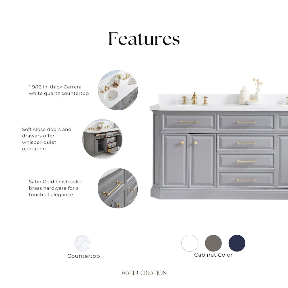 Palace 72 In. Double Sink Carrara Quartz Countertop Bath Vanity in Cashmere Grey. Picture 13