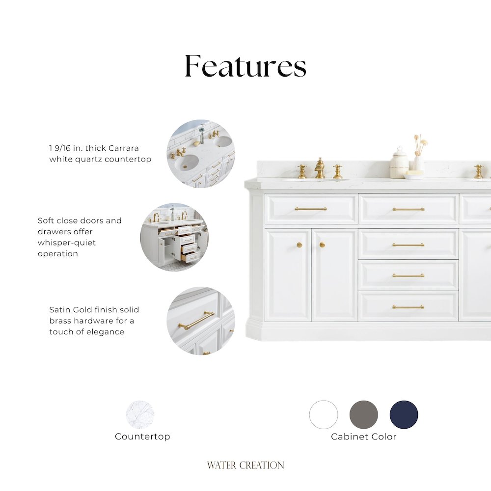 Palace 72 In. Double Sink Carrara Quartz Countertop Bath Vanity in Pure White. Picture 12
