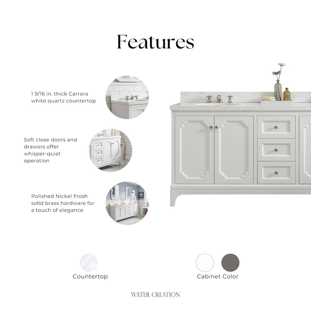 Queen 72 In. Double Sink Sink Carrara Quartz Countertop Bath Vanity. Picture 6
