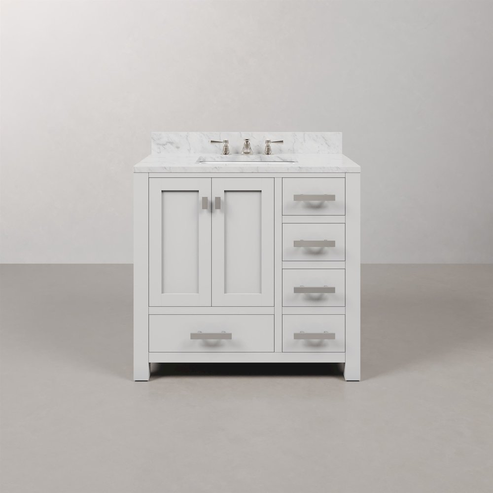 Madison 36 In. Single Sink Carrara White Marble Countertop Bath Vanity. Picture 1