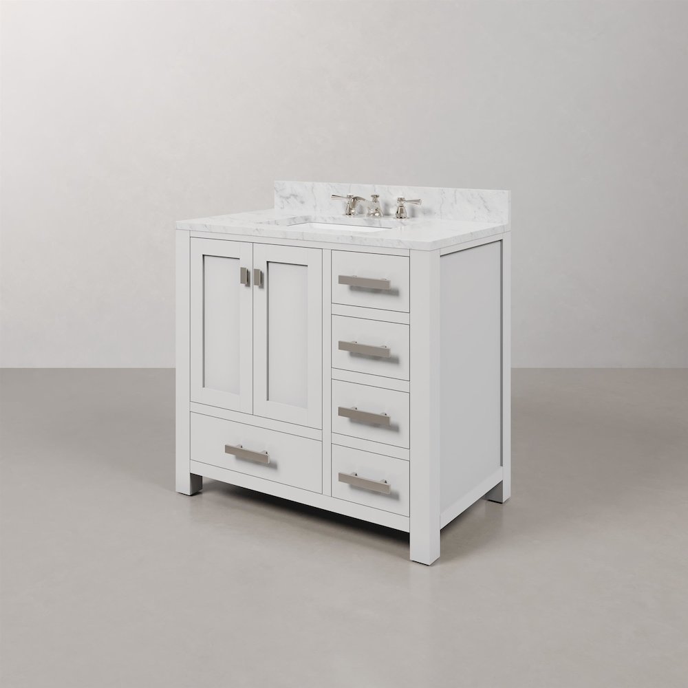 Madison 36 In. Single Sink Carrara White Marble Countertop Bath Vanity. Picture 3