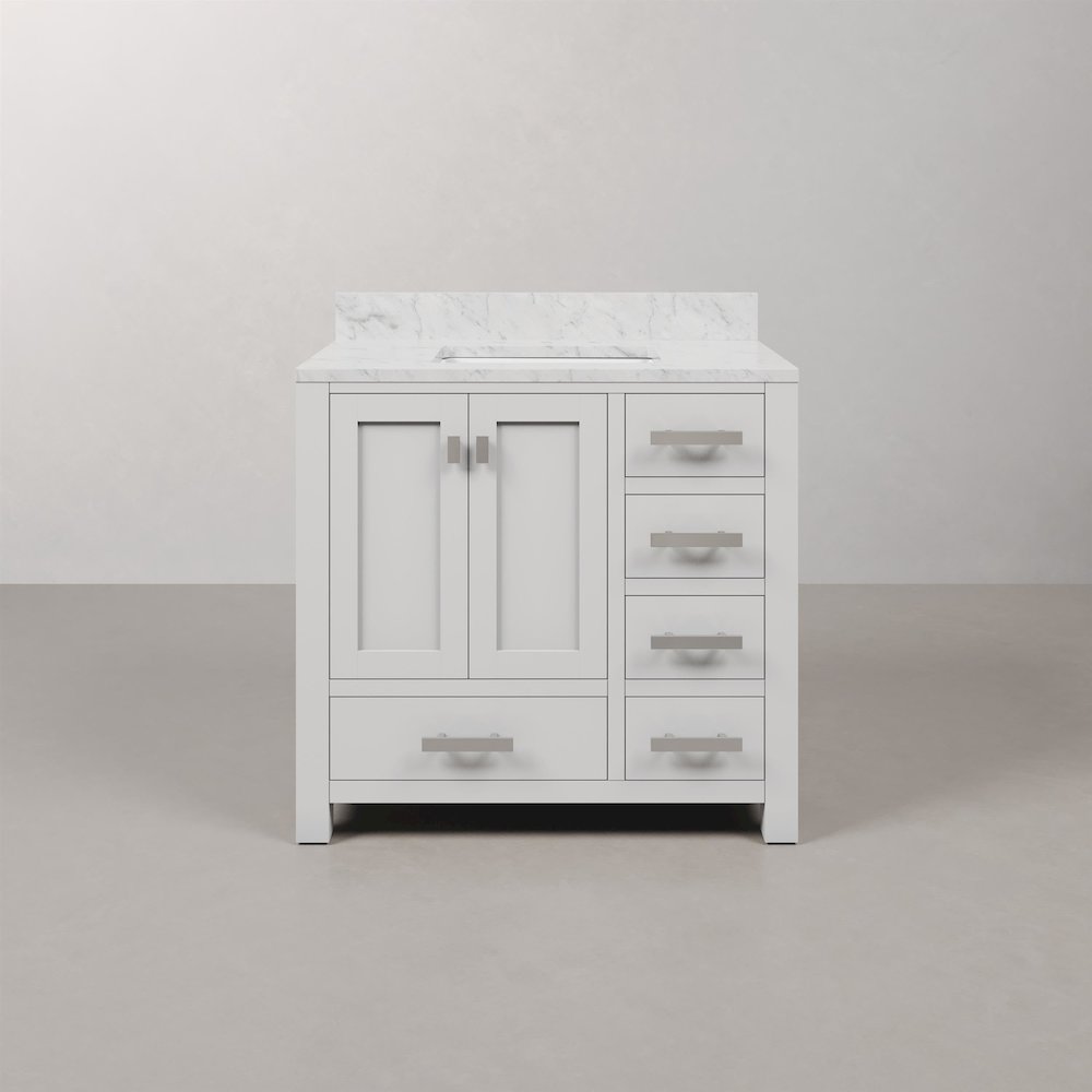 Madison 36 In. Single Sink Carrara White Marble Countertop Bath Vanity. Picture 1