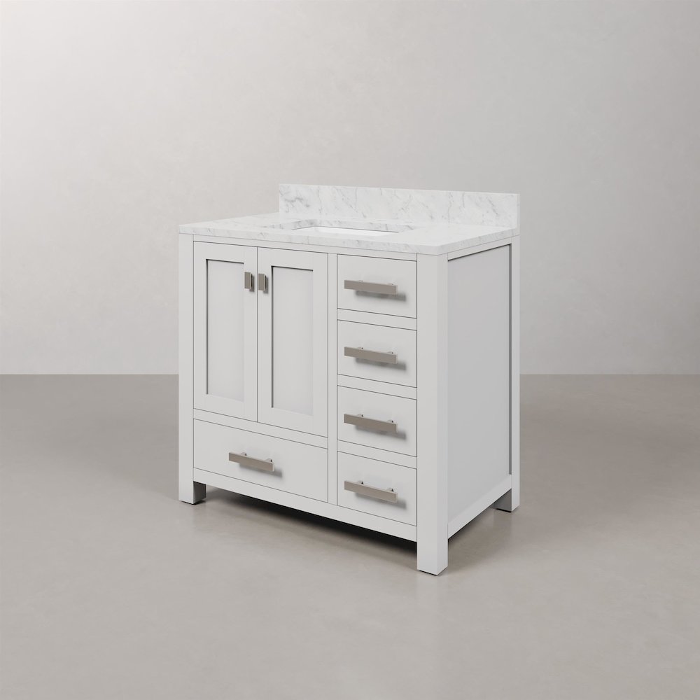 Madison 36 In. Single Sink Carrara White Marble Countertop Bath Vanity. Picture 3