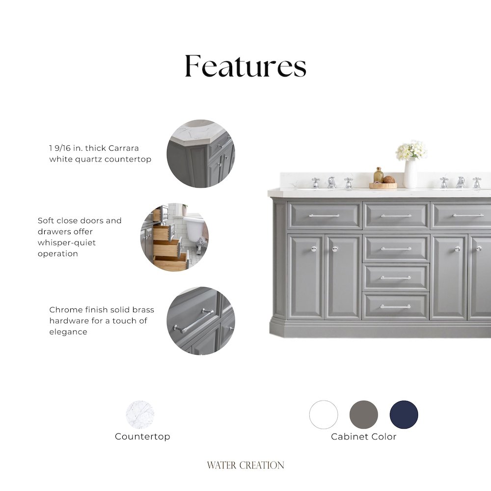 Palace 60 In. Double Sink Carrara Quartz Countertop Bath Vanity in Cashmere Grey. Picture 13
