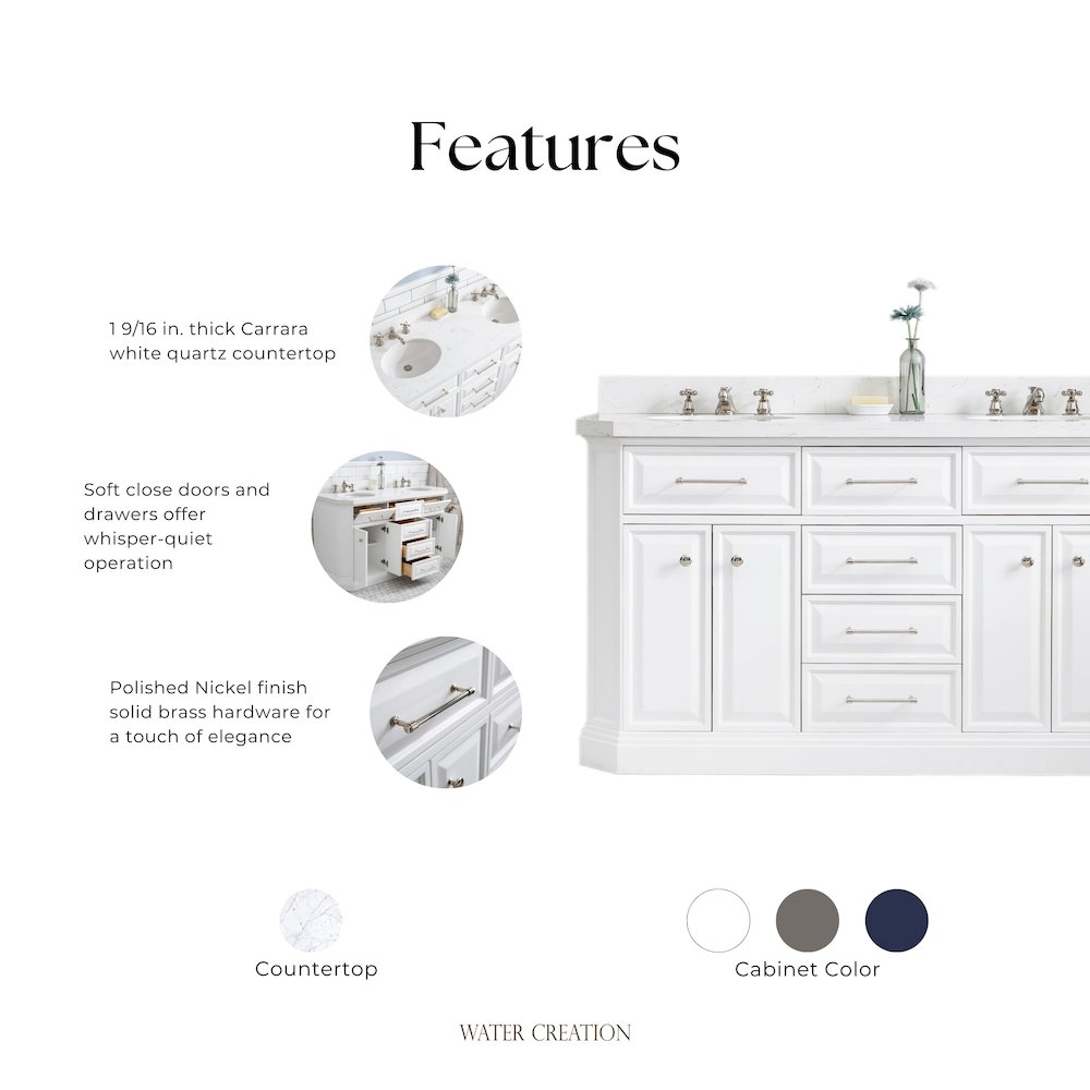 Palace 60 In. Double Sink Carrara Quartz Countertop Bath Vanity in Pure White. Picture 13