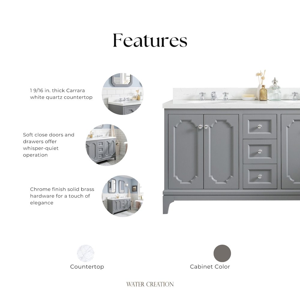 Queen 60 In. Double Sink Sink Carrara Quartz Countertop Bath Vanity. Picture 6