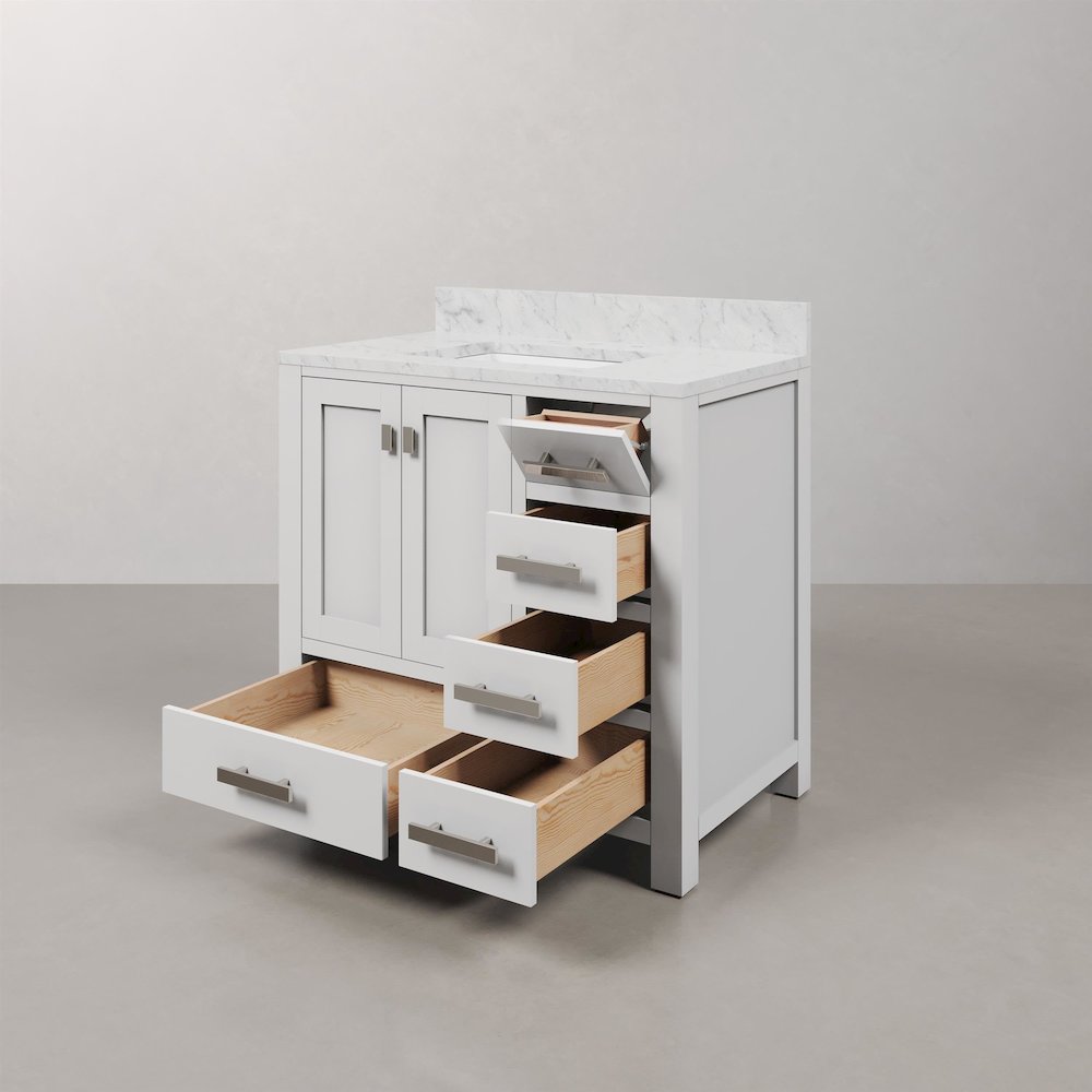 Madison 36 In. Single Sink Carrara White Marble Countertop Bath Vanity. Picture 4