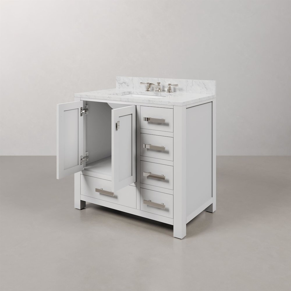 Madison 36 In. Single Sink Carrara White Marble Countertop Bath Vanity. Picture 5
